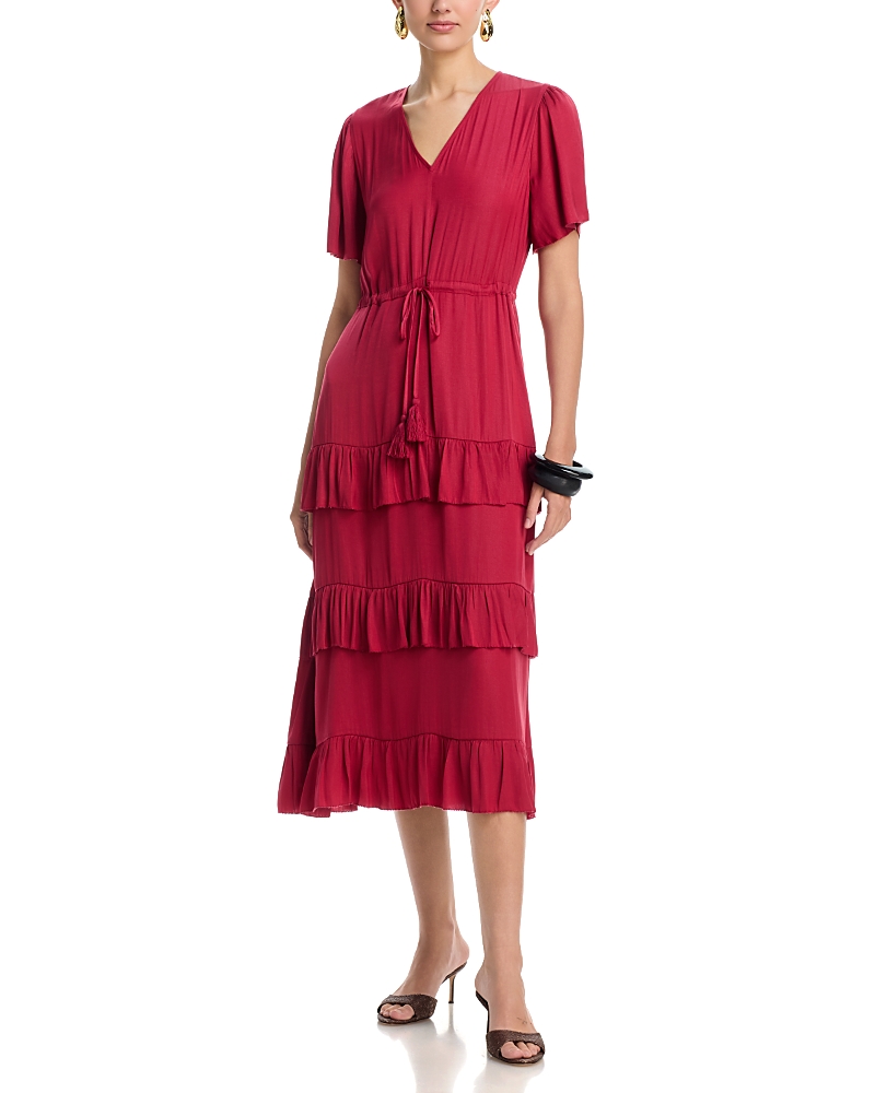 T Tahari V Neck Drawstring Waist Tiered Dress