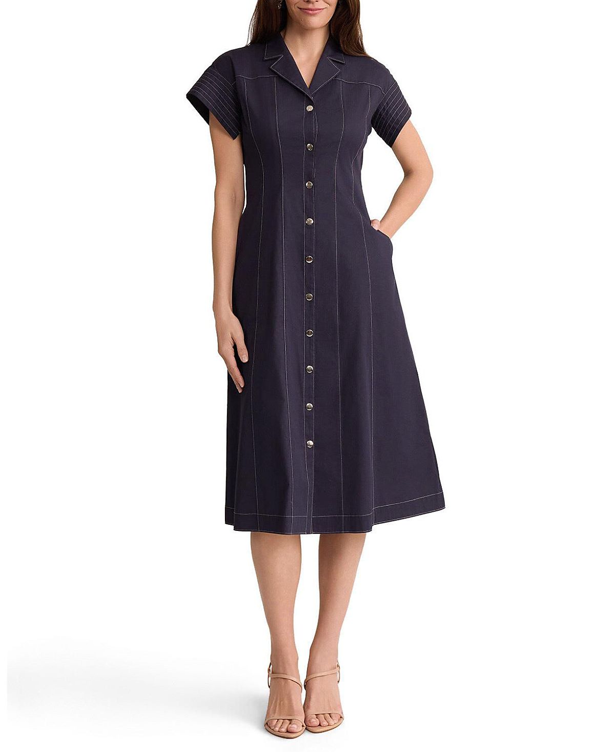 Ming Wang Fit-n-Flare Contrast Stitch Cotton Maxi Dress