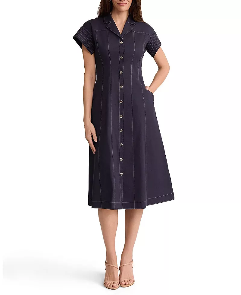 Ming Wang Fit-n-Flare Contrast Stitch Cotton Maxi Dress