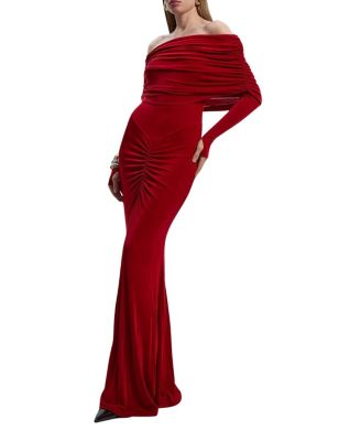 Ruched Off Shoulder Fishtail Maxi Dress