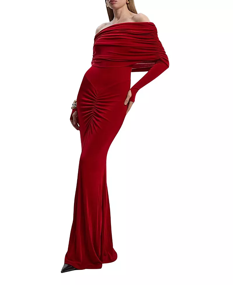 Karen Millen Ruched Off Shoulder Fishtail Maxi Dress