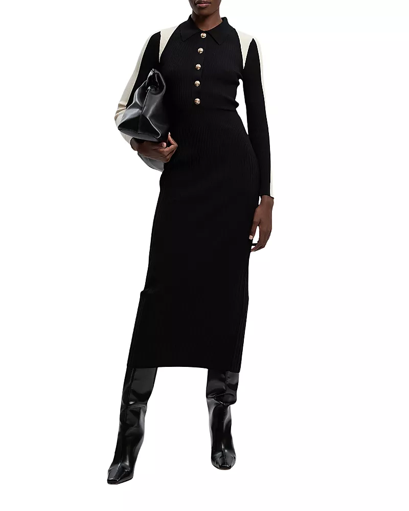 Karen Millen Rib Knit Long Sleeve Military Midi Dress