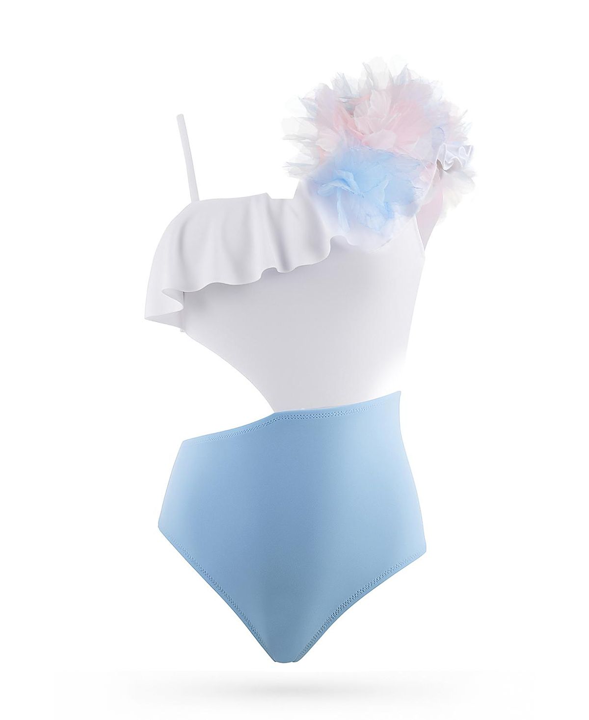 Nessi Byrd Girls' One Shoulder Cut Out with Handcrafted Tulle Flower Detail One Piece Swimsuit- Little Kid, Big Kid