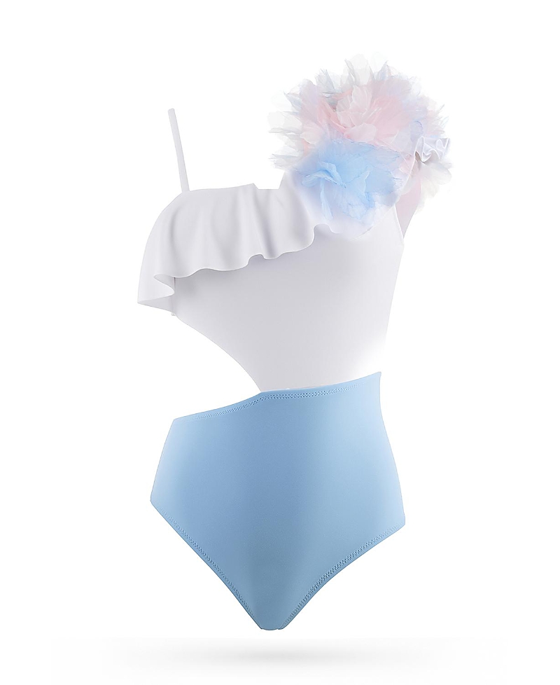 Nessi Byrd Girls' One Shoulder Cut Out with Handcrafted Tulle Flower Detail One Piece Swimsuit- Little Kid, Big Kid