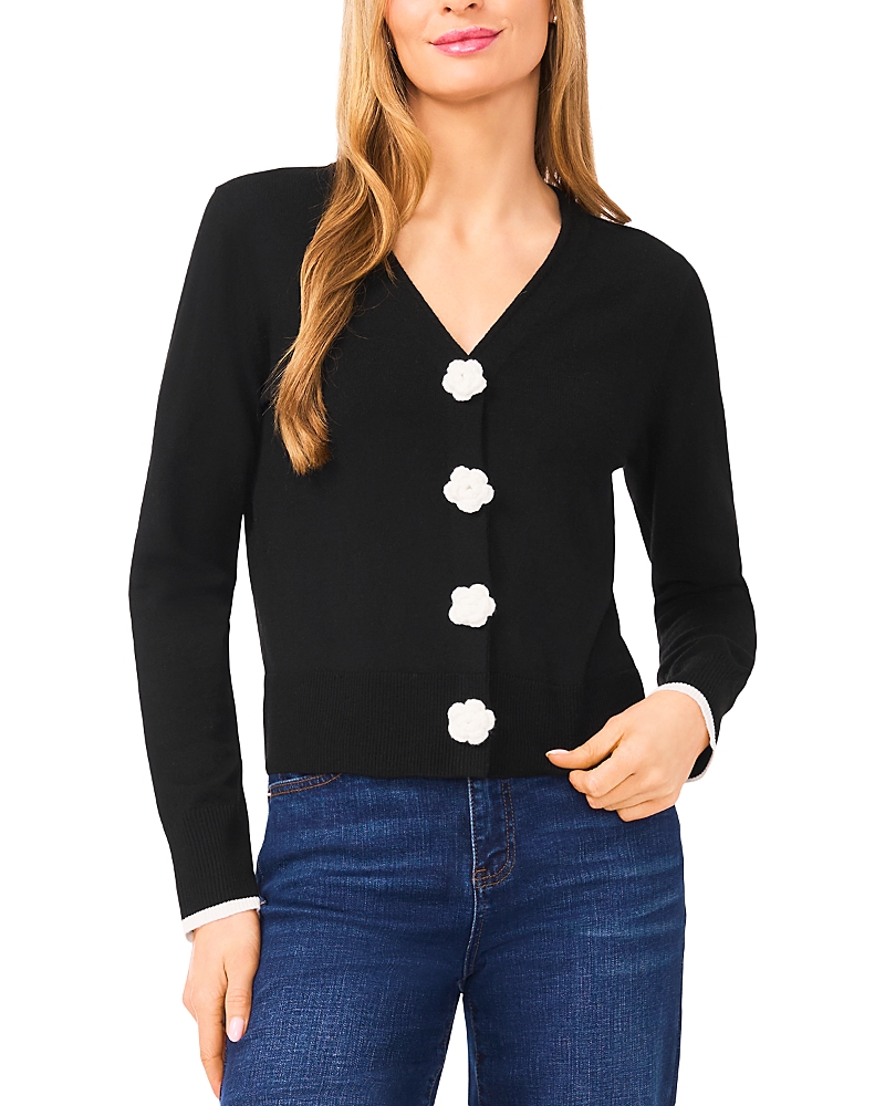 CeCe Long Sleeve Tipped Cardigan with Crochet Flowers