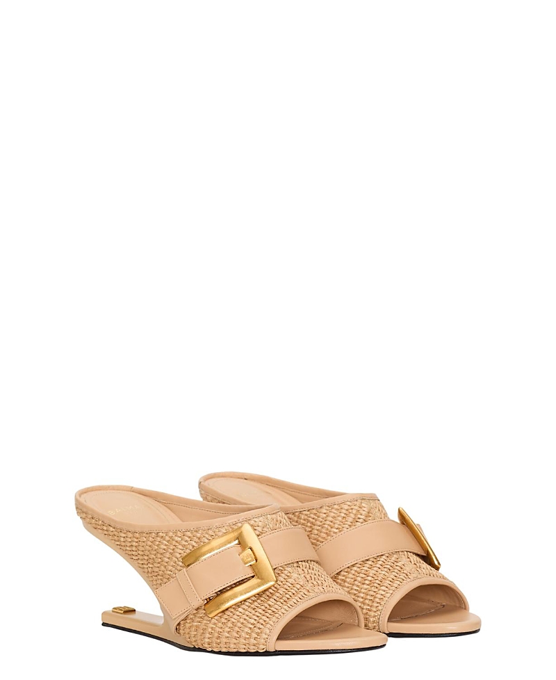 Balmain Women's Anthem No Wedge Mules in Smooth Leather and Raffia