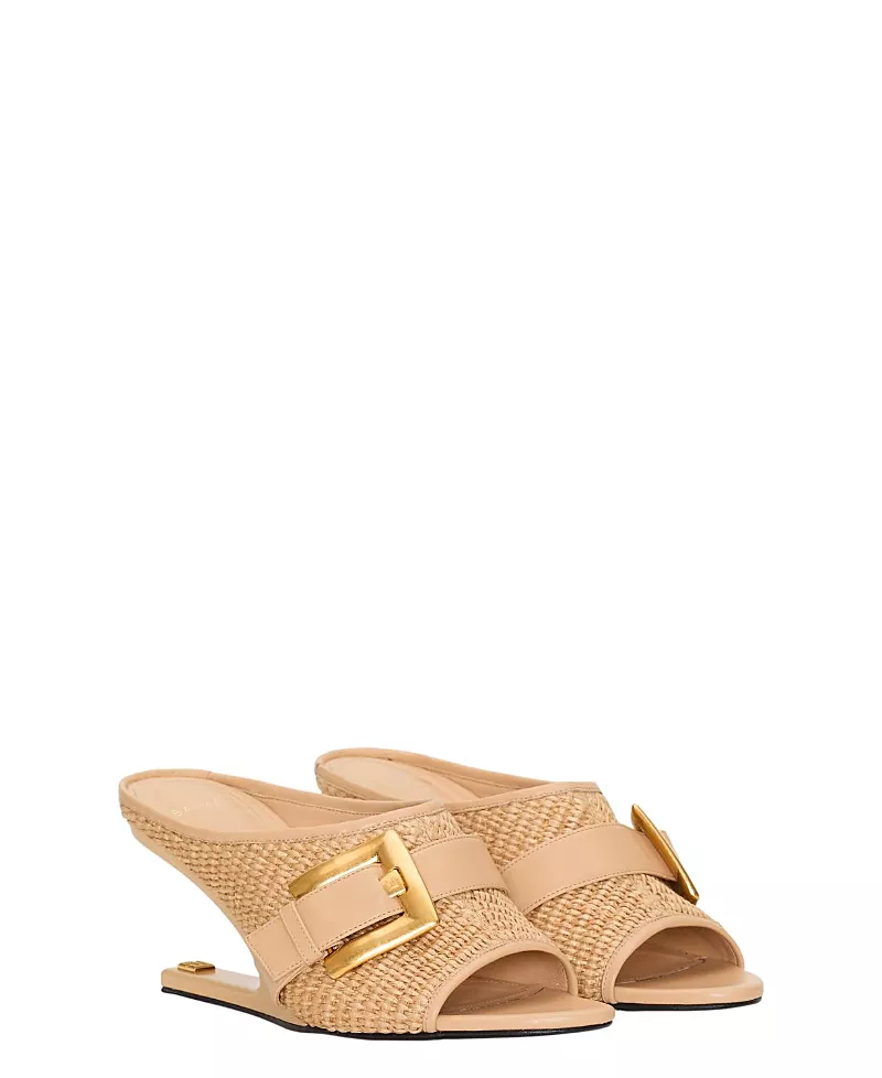 Balmain Women's Anthem No Wedge Mules in Smooth Leather and Raffia