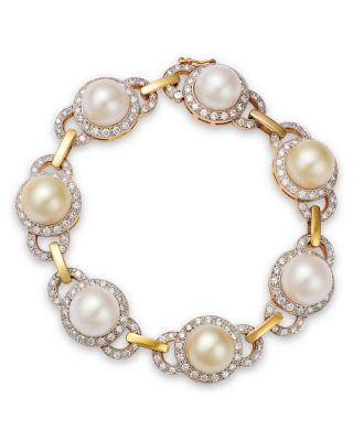 18K Yellow Gold Sea Cultured South Sea Pearl & Diamond Halo Link Bracelet, 3.49 tcw