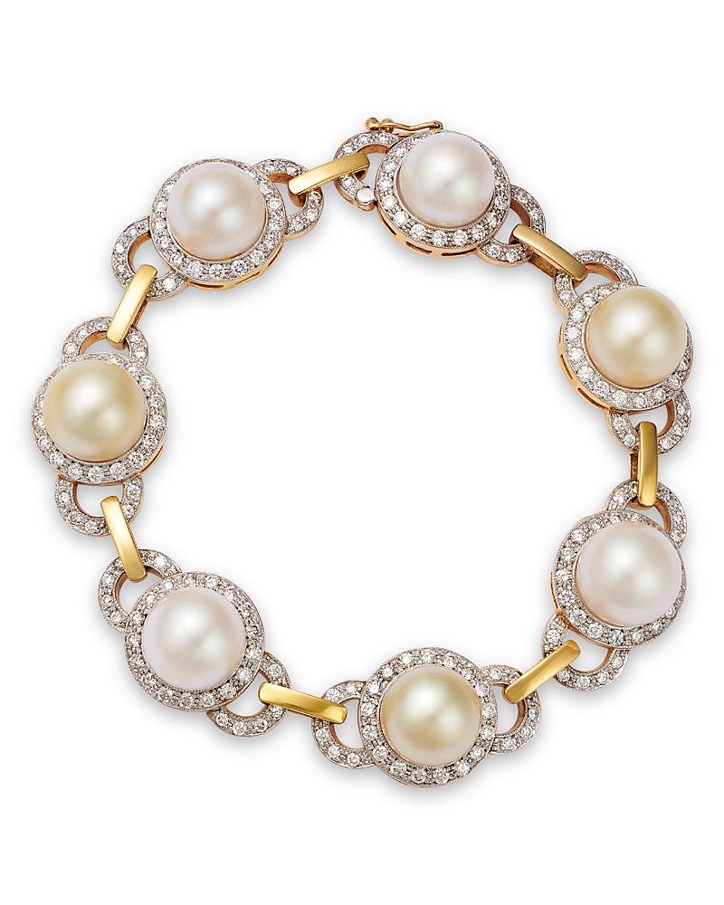 Jorge Adeler 18K Yellow Gold Sea Cultured South Sea Pearl & Diamond Halo Link Bracelet, 3.49 tcw