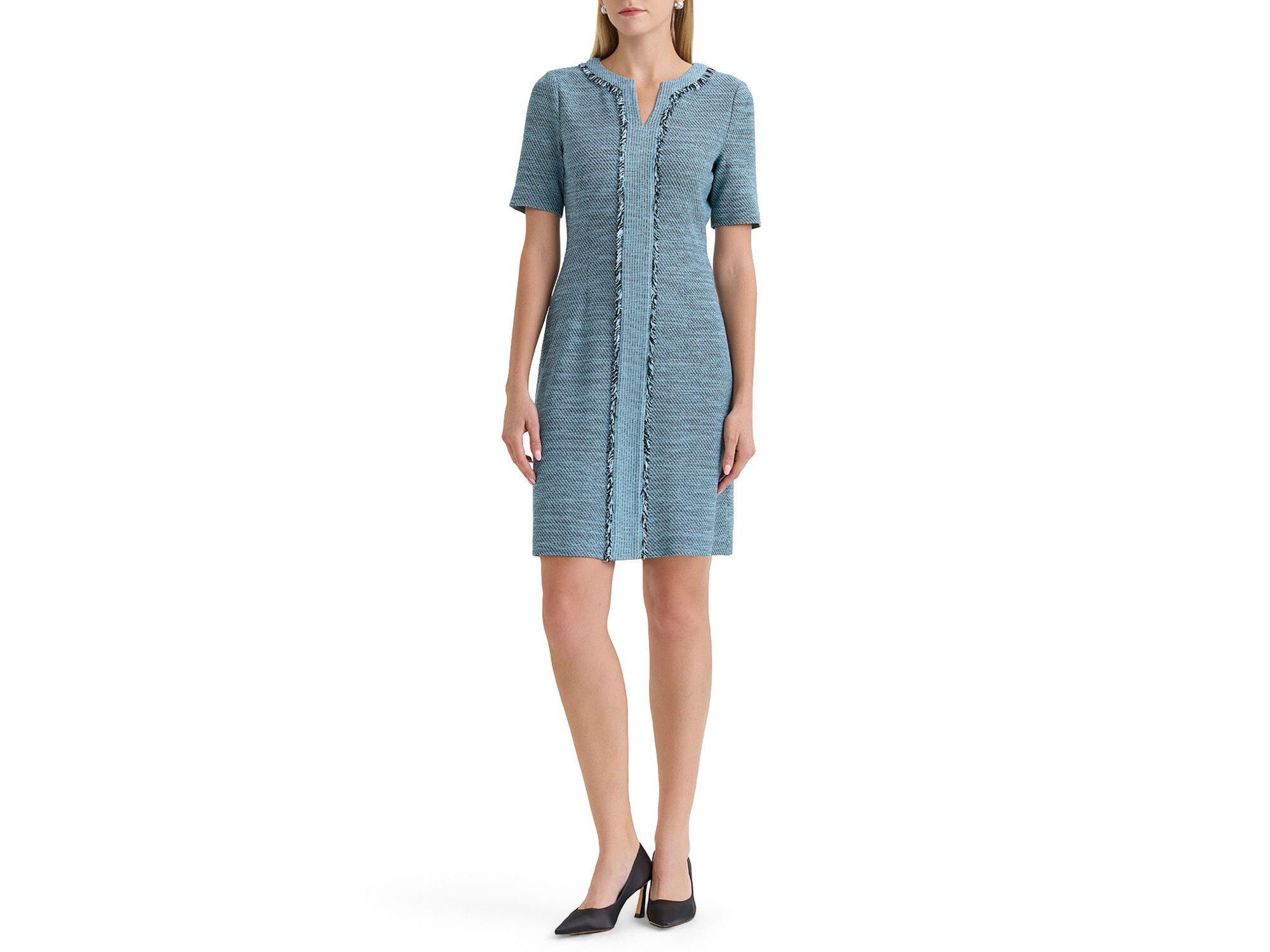 Plus Size Tweed Knit Fringe Accent Sheath Dress - Image 1