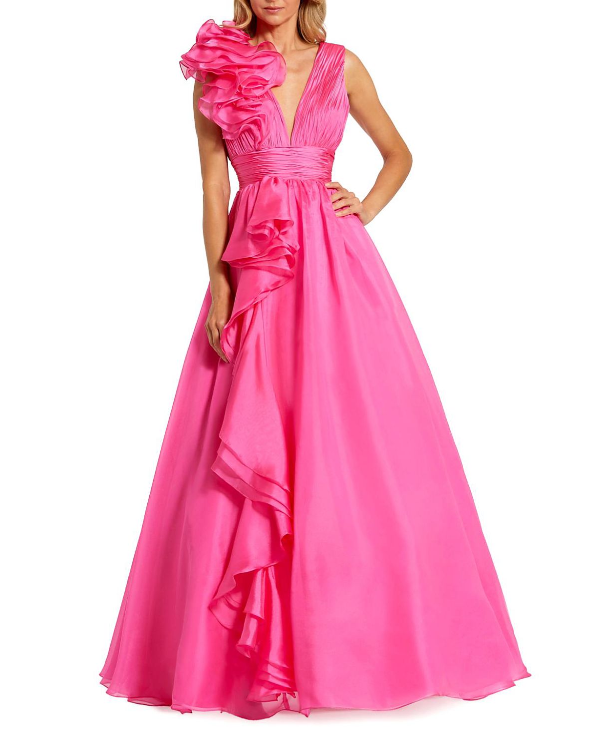 Mac Duggal Ruffle Shoulder V-Neck Chiffon Gown