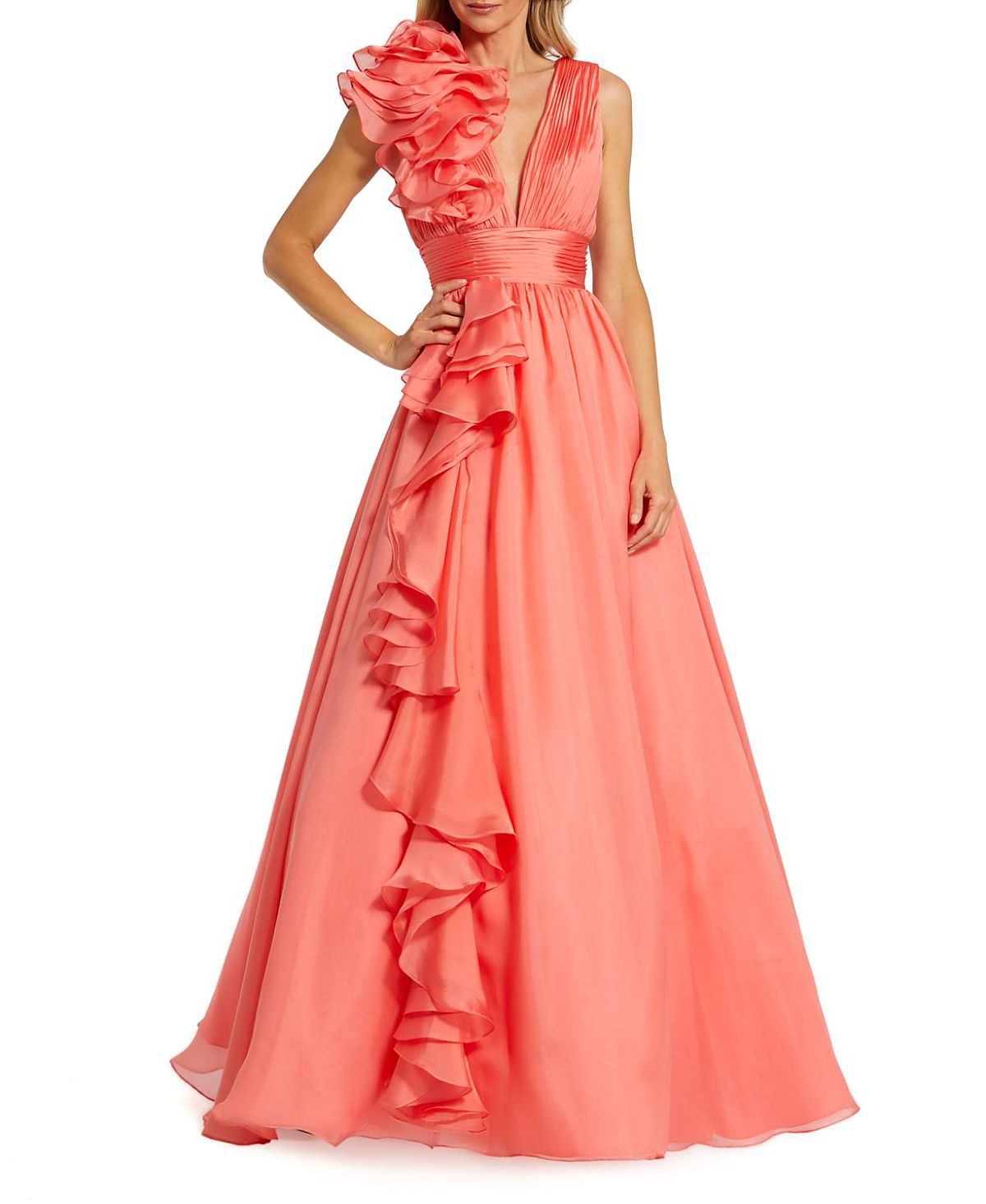 Mac Duggal Ruffle Shoulder V-Neck Chiffon Gown