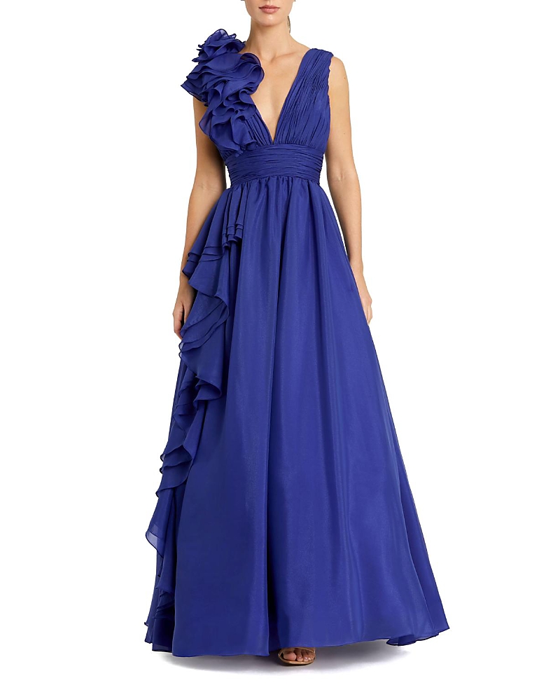 Mac Duggal Ruffle Shoulder V-Neck Chiffon Gown
