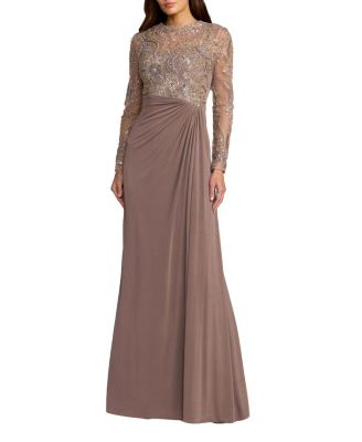  Sequin Embroidered Long Sleeve Jersey Skirt Gown