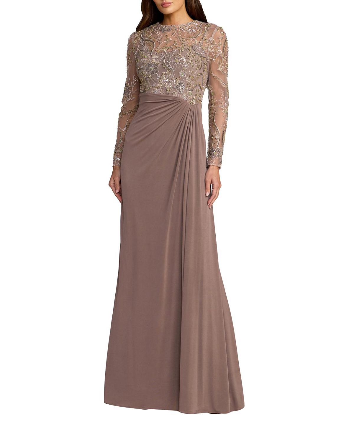 Mac Duggal Sequin Embroidered Long Sleeve Jersey Skirt Gown