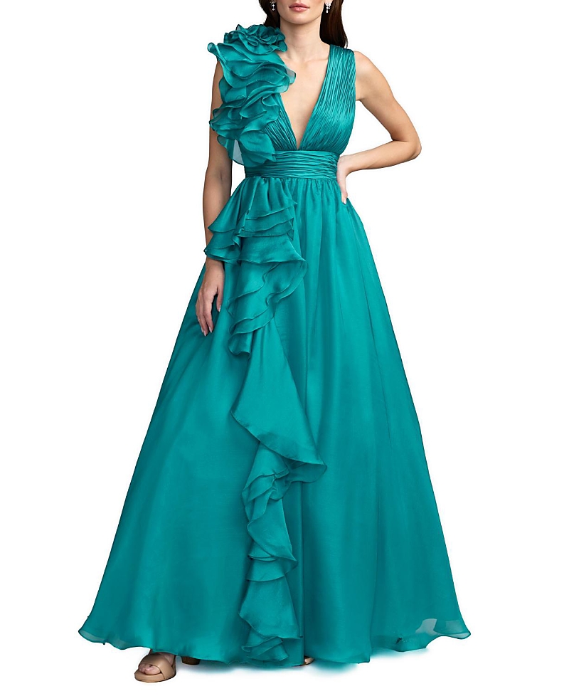 Mac Duggal Ruffle Shoulder V-Neck Chiffon Gown