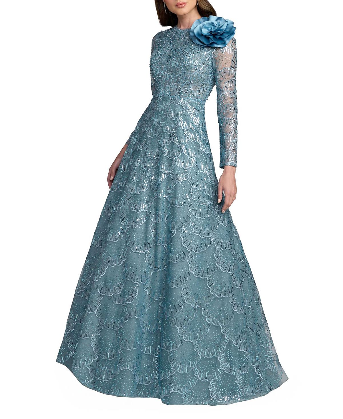 Mac Duggal Embroidered Long Sleeve Flower Detail Gown