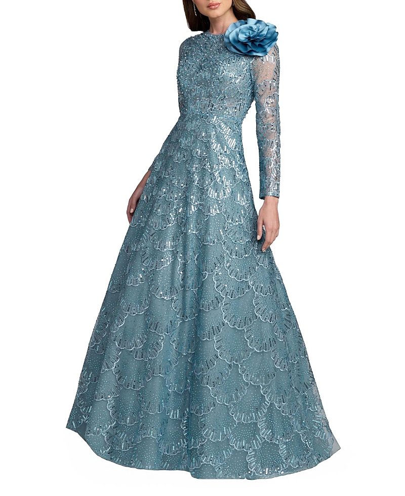 Mac Duggal Embroidered Long Sleeve Flower Detail Gown
