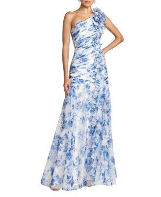  Petite Ruched Floral Chiffon Gown With 3D Ruffles