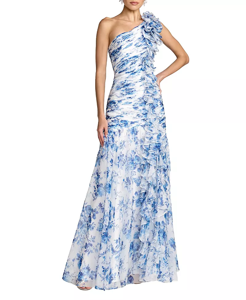 Mac Duggal Petite Ruched Floral Chiffon Gown With 3D Ruffles