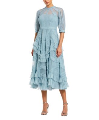 Mac Duggal Petite High Illusion Neck Ruffle Tiered A-Line Midi Dress