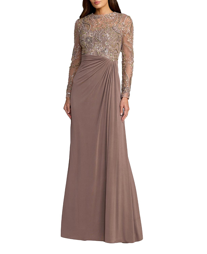 Mac Duggal Petite Sequin Embroidered Long Sleeve Jersey Skirt Gown