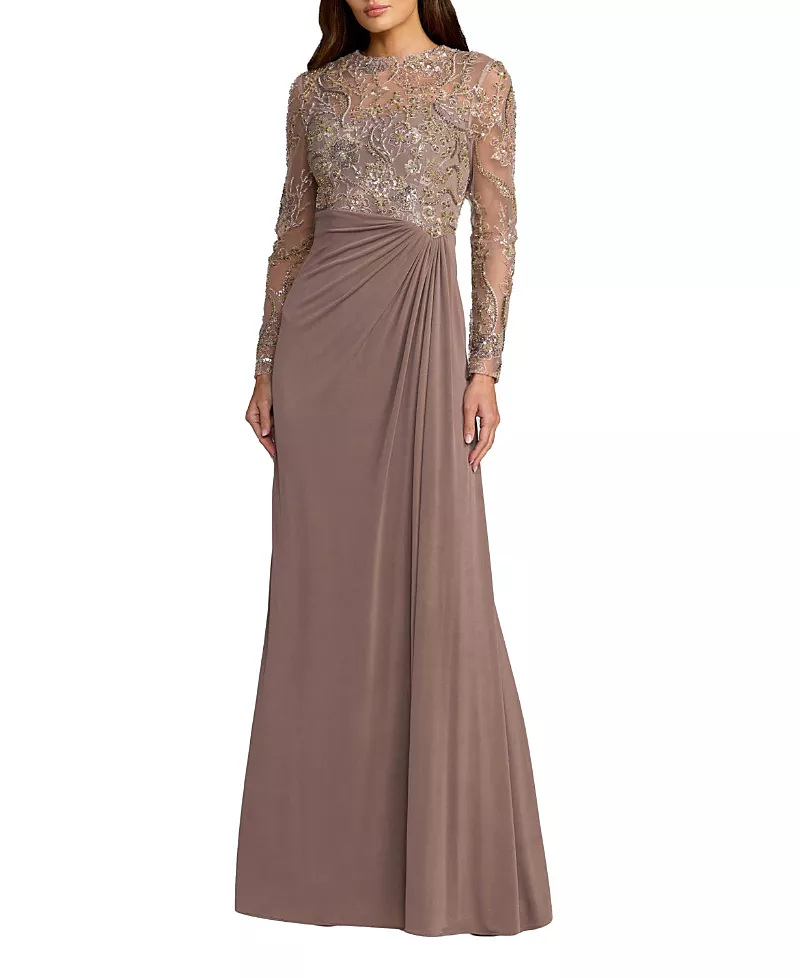 Mac Duggal Petite Sequin Embroidered Long Sleeve Jersey Skirt Gown