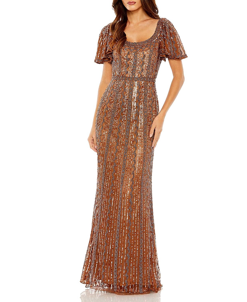 Mac Duggal Scoop Neck Flutter Sleeve Embellished Gown