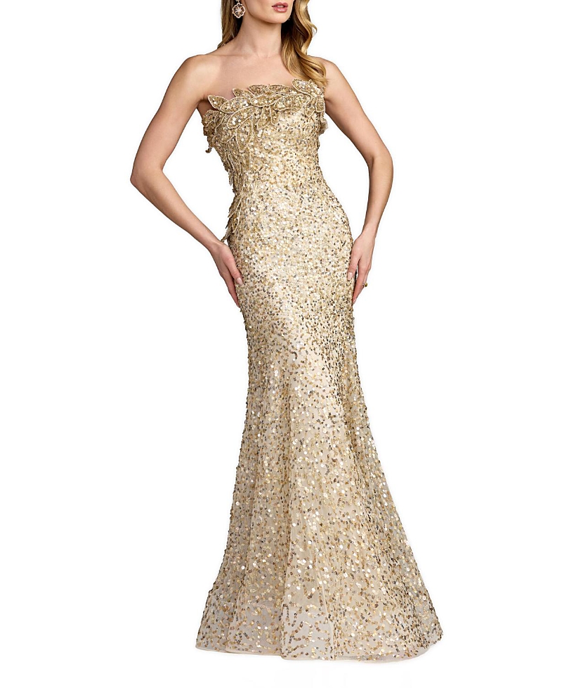 Mac Duggal Srapless Beaded Mesh Trumpet 3D Floral Gown