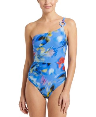  Kara One Shoulder Ring Trim Print One-Piece Swimsuit