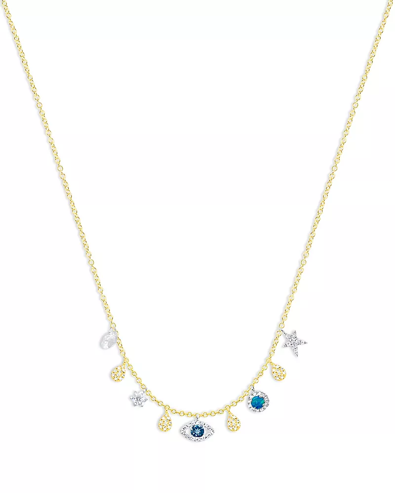 Meira T 14K White & Yellow Gold Multi Gemstone & Diamond Evil Eye Multi Charm Pendant Necklace, 16