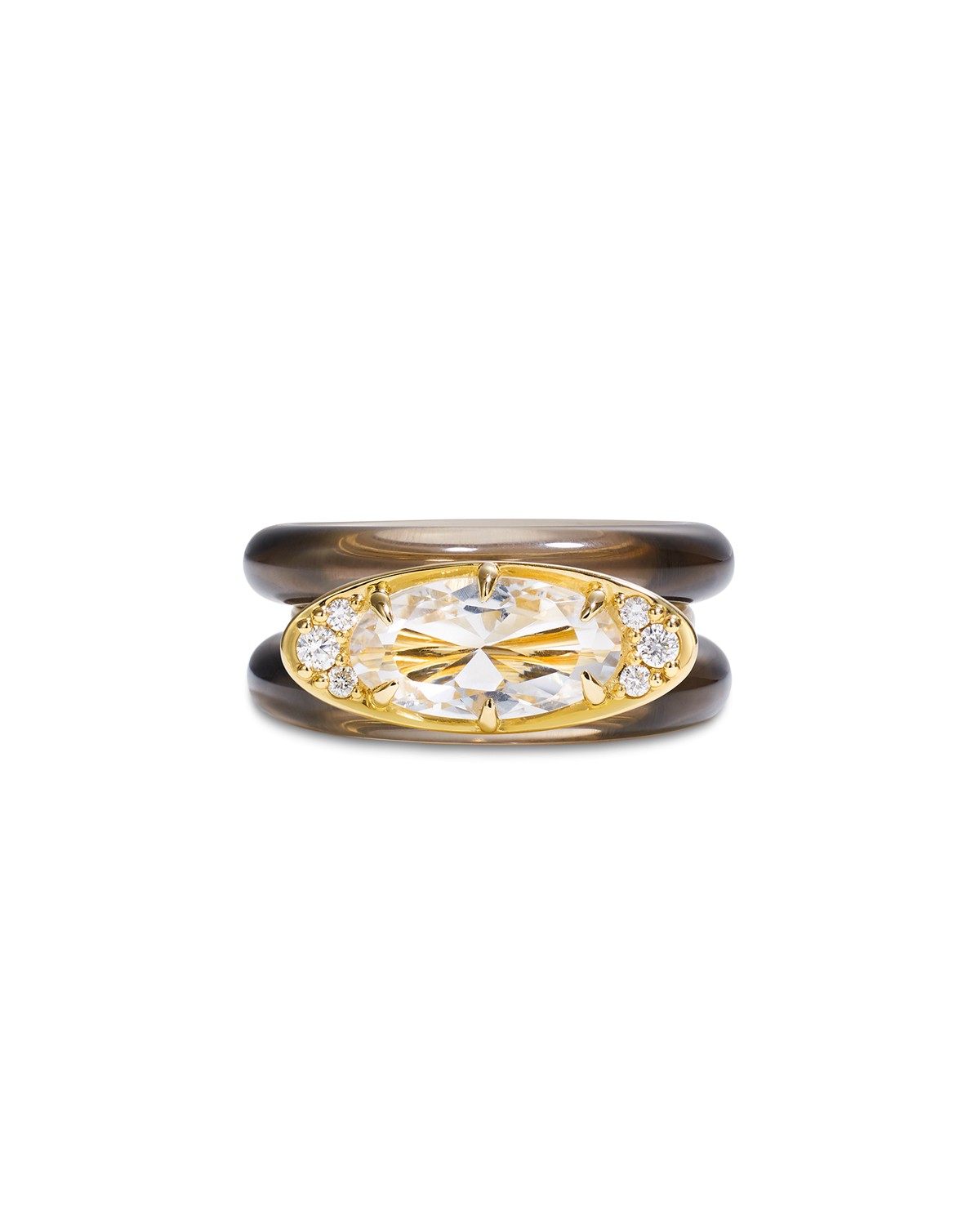 By Pariah 14K Yellow Gold Ellipse Smoky Quartz, White Topaz, & Diamond Stack Rings, Set of 3