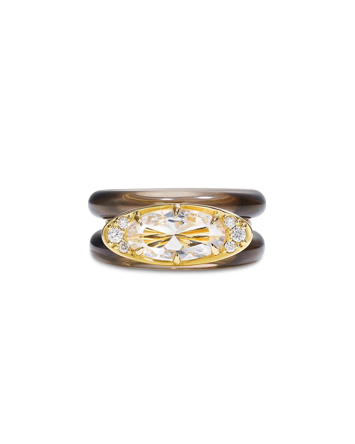 By Pariah 14K Yellow Gold Ellipse Smoky Quartz, White Topaz, & Diamond Stack Rings, Set of 3