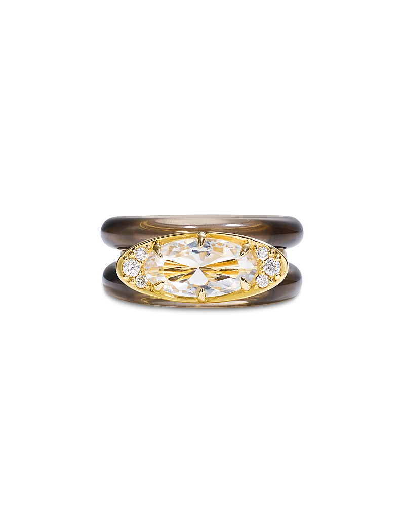 By Pariah 14K Yellow Gold Ellipse Smoky Quartz, White Topaz, & Diamond Stack Rings, Set of 3