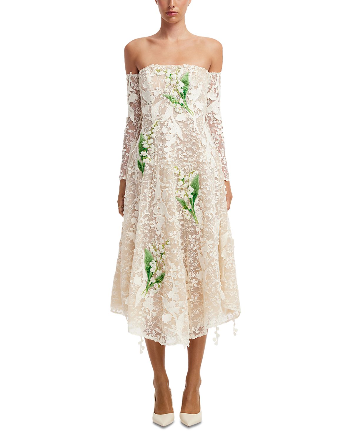 Leo Lin Ana Off Shoulder Embellished Lace Bustier Midi Dress