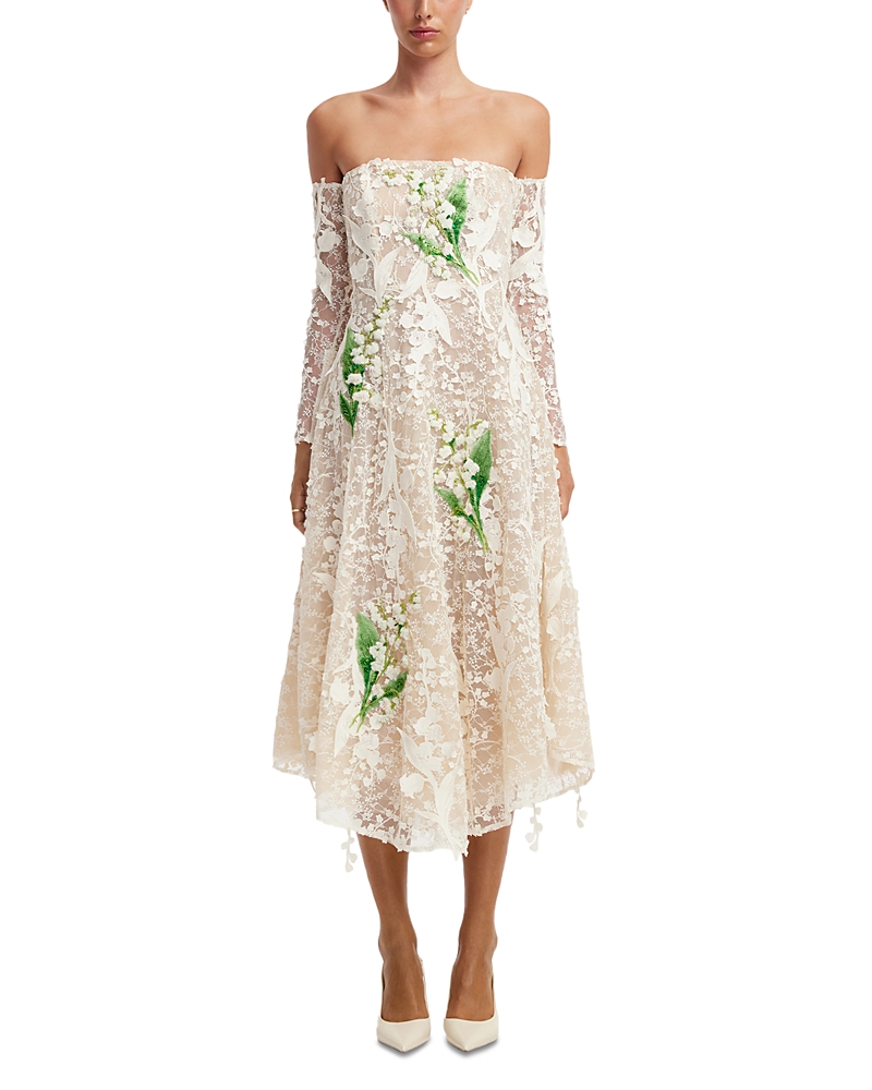 Leo Lin Ana Off Shoulder Embellished Lace Bustier Midi Dress