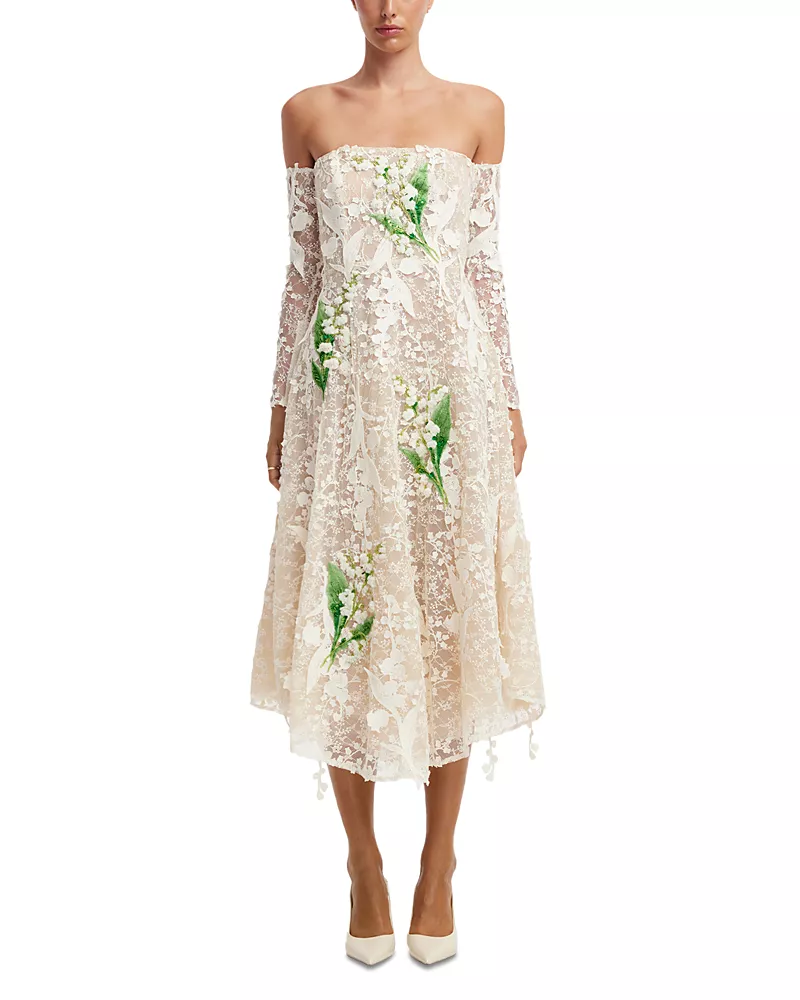 Leo Lin Ana Off Shoulder Embellished Lace Bustier Midi Dress