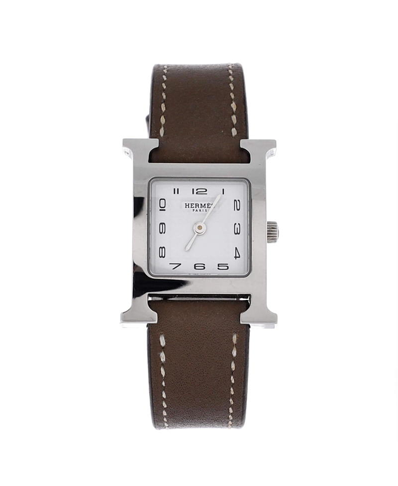 Pre-Owned HERMES Heure H Quartz Watch in Stainless Steel and Leather 21mm
