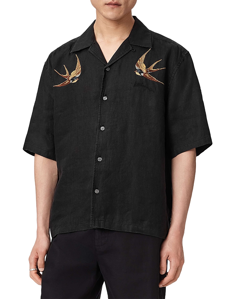 Allsaints Avia Embroidered Swallows Linen Shirt · L