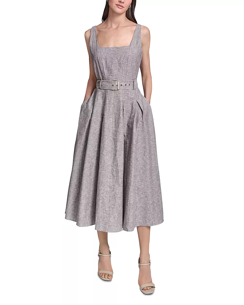 Karl Lagerfeld Paris Linen Belted Midi Dress
