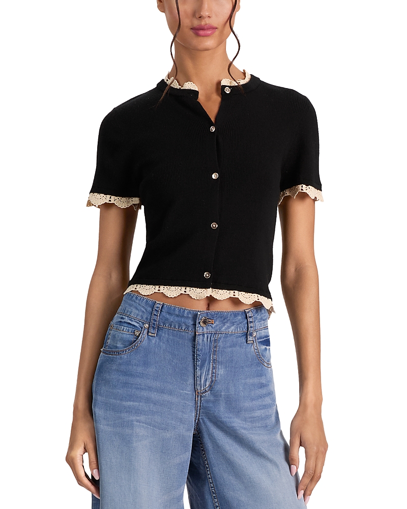 Alice and Olivia Ciara Short Sleeve Cardigan with Trim