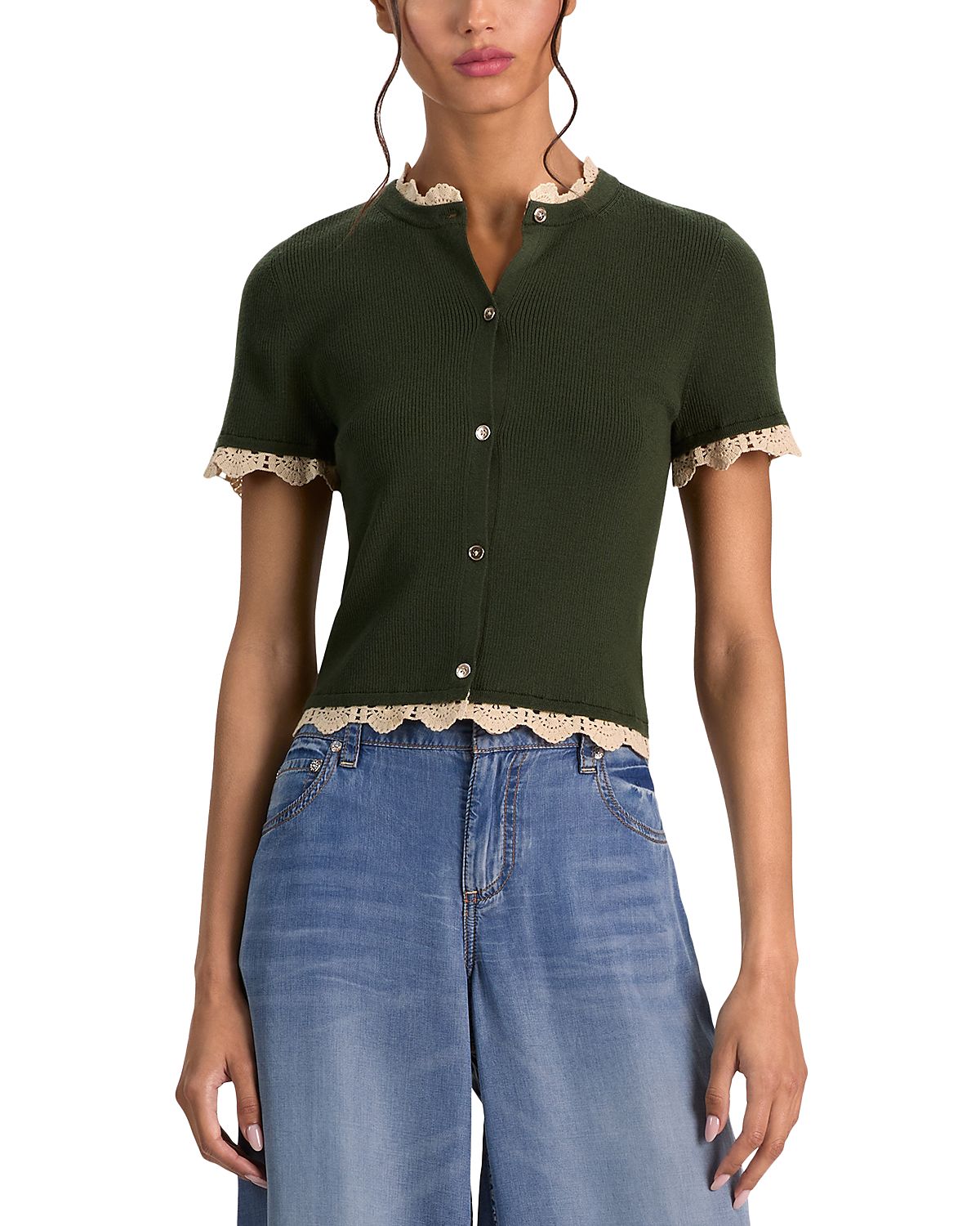 Alice and Olivia Ciara Short Sleeve Cardigan with Trim