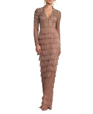  Long Sleeve Fringe Embellished Gown