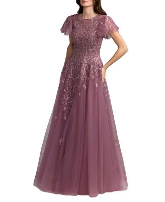 Embroidered Tulle Flutter Sleeve Ball Gown