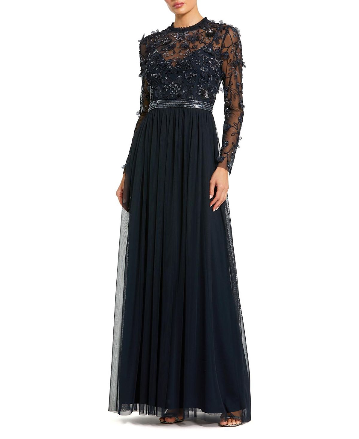 Mac Duggal Embellished Illusion High Neck Long Sleeve Gown