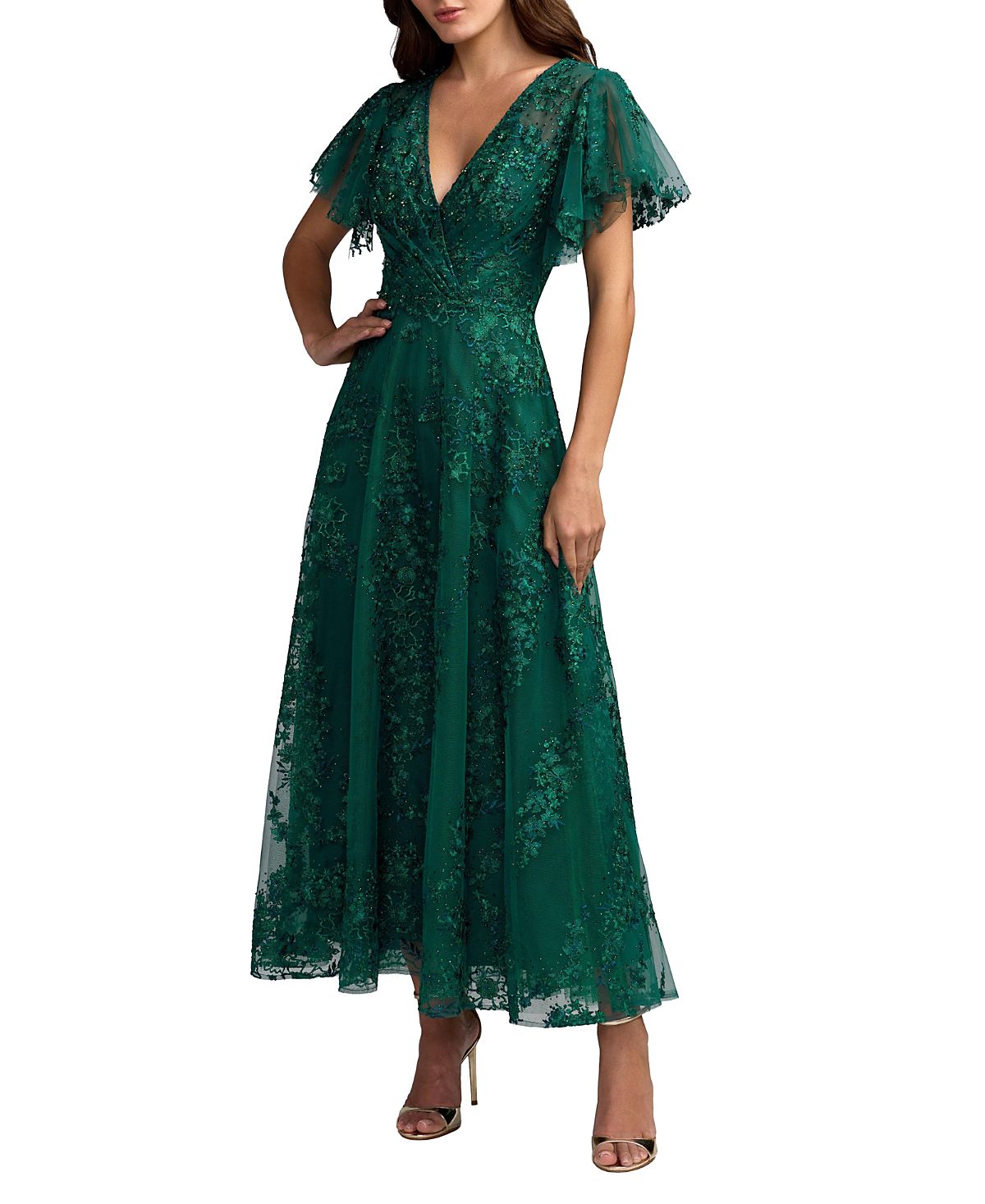 Mac Duggal Flutter Sleeve Faux Wrap V-Neck Embellished A-Line Tea-Length Dress