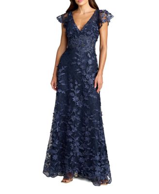  Embroidered Applique Wrap Over Flutter Sleeve Gown