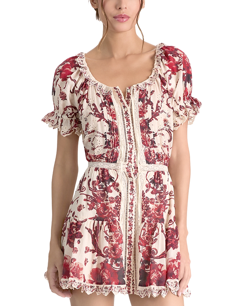 Alice and Olivia Mclaine Embroidered Puff Sleeve Button Down Tiered Mini Dress