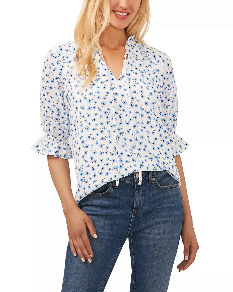CeCe Elbow Sleeve Split Neck Top