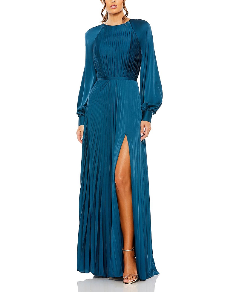 Mac Duggal Pleated High Neck Raglan Long Sleeve Side Slit Gown